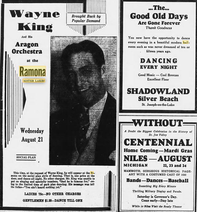 Ramona Ballroom/Dance Pavilion at Sister Lakes - 20 Aug 1929 Ads (newer photo)